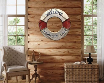 Personalized Lake Name Sign Welcome Custom Wooden Life Ring Decor Nautical Cabin Welcome Wall Customized Family Wall Name Sign 30" Round