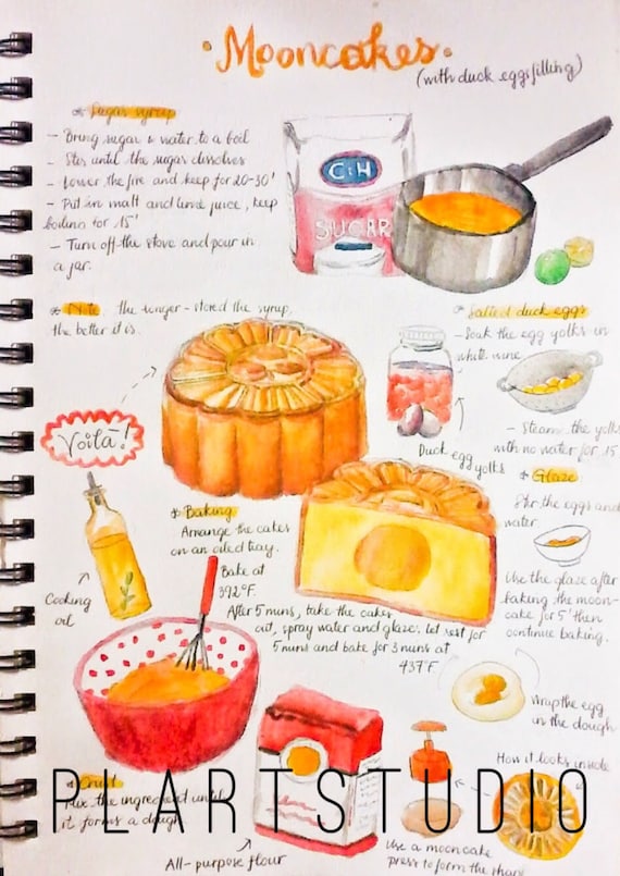 Items similar to MOONCAKE ILLUSTRATION + free recipe digital file ...