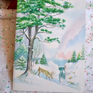 Vintage Christmas Card - Deer at Snowy Waterfall Stream Glitter Tree - Unused Pink Blue Mountains
