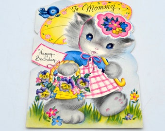 Vintage Kitten in sweater with Flower Basket Notecard By Sangamon Unused