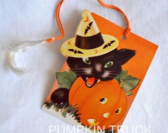 VINTAGE HALLOWEEN Witch Black Cat Cauldron Tally Card Cute Glitter
