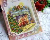 Vintage Christmas Card - Lit Fireplace Tree Mantle Merry Christmas - Unused