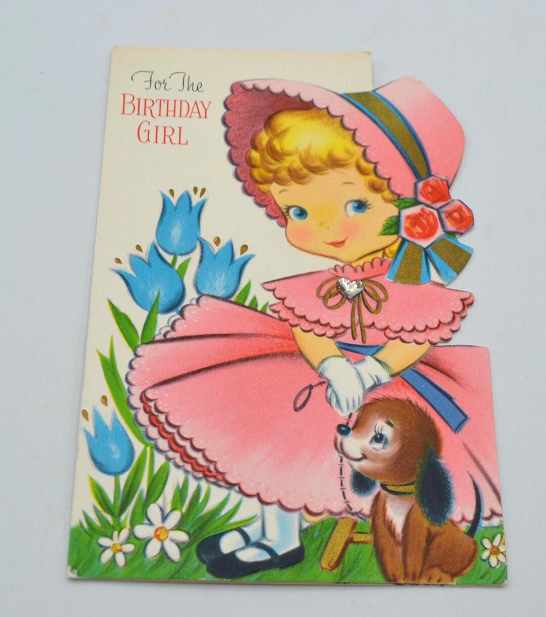 Vintage Birthday Card - Little Pink Dress Girl and Puppy Dog ...