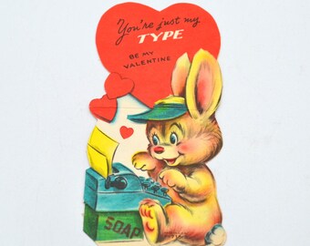 Vintage Valentines Day Card - Bunny Rabbit Typing on Typewriter - Used