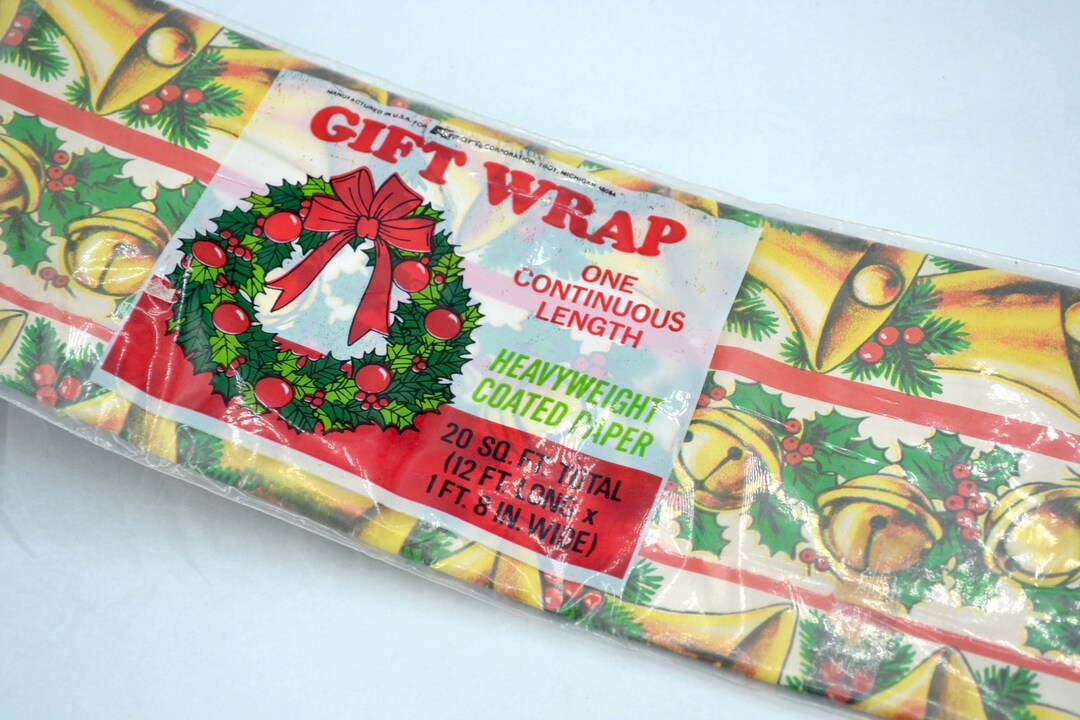 Vintage Christmas Wrapping Paper Kmart Gold Bells Stripe NOS