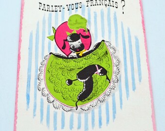 Vintage Birthday Card - Poodle Can Can Dancer - Parley Vous Francais - Used Buzza