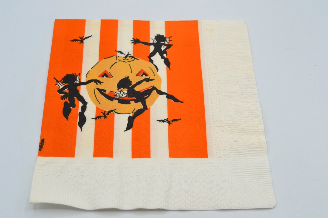 Vintage Halloween Paper Napkin Silhouette Pixie Sprites and Bats Dancing Around JOL Pumpkin Etsy