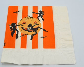 Vintage Halloween Paper Napkin - Silhouette Pixie Sprites and Bats Dancing Around JOL Pumpkin