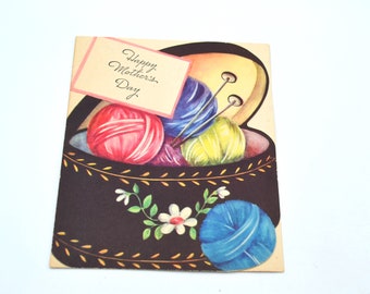 Vintage Mothers Day Card - Knitting Basket Yarn Balls - Used Art Guild