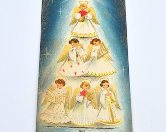 Vintage Christmas Card - Angel Band Tree and Atomic Stars - Used Hallmark Slim Jims