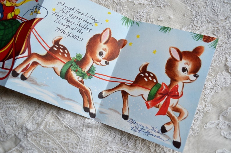 Vintage Christmas Card Boy and Girl in Sleigh Pulled by Fawn - Etsy