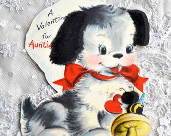 Vintage Valentine Card - Flocked Puppy and Bee - School Valentine Used