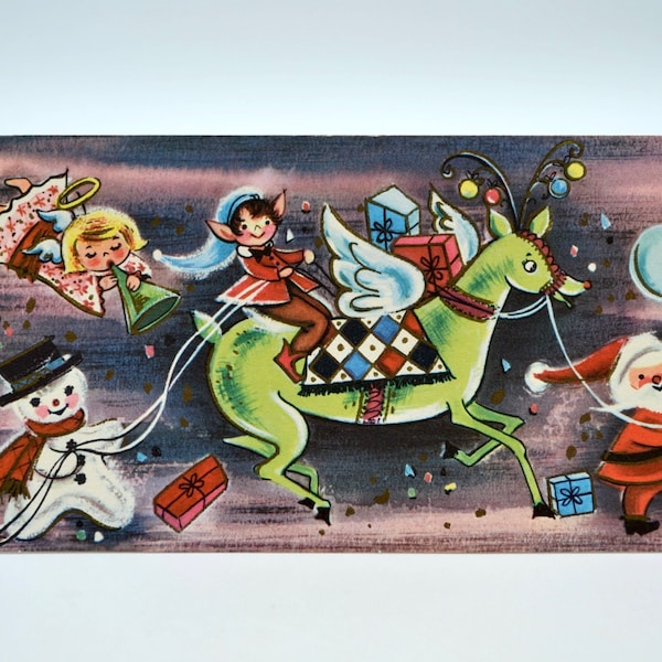 Vintage Christmas Card - Parade of Christmas Characters - Reindeer Santa Elf - Unused Mid Century