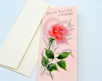 Vintage Valentine Card - Pink Rose for Teacher - Unused Hallmark