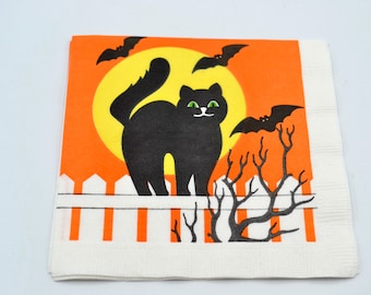 Vintage Halloween Paper Napkin - Black Cat on Fence Full Moon Bats