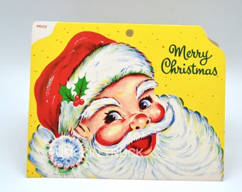 Vintage Christmas Gift Price Tags - Extra Large Merry Christmas Santa on Yellow - NOS 1950's Store Display