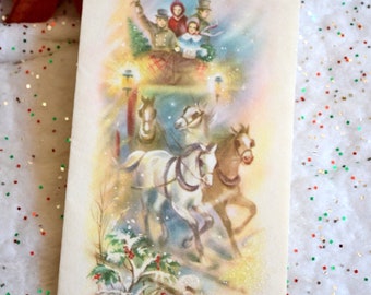 Vintage Christmas Card -  Coach Pulled With Team of White Glitter Horses - Unused