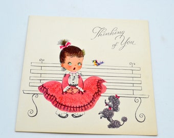 Vintage Greeting Card - Thinking of You Little Girl and Poodle - Unused