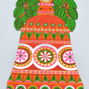 Vintage Christmas Card Ornament - Mod Foil Bell Pink Orange - Used Hallmark
