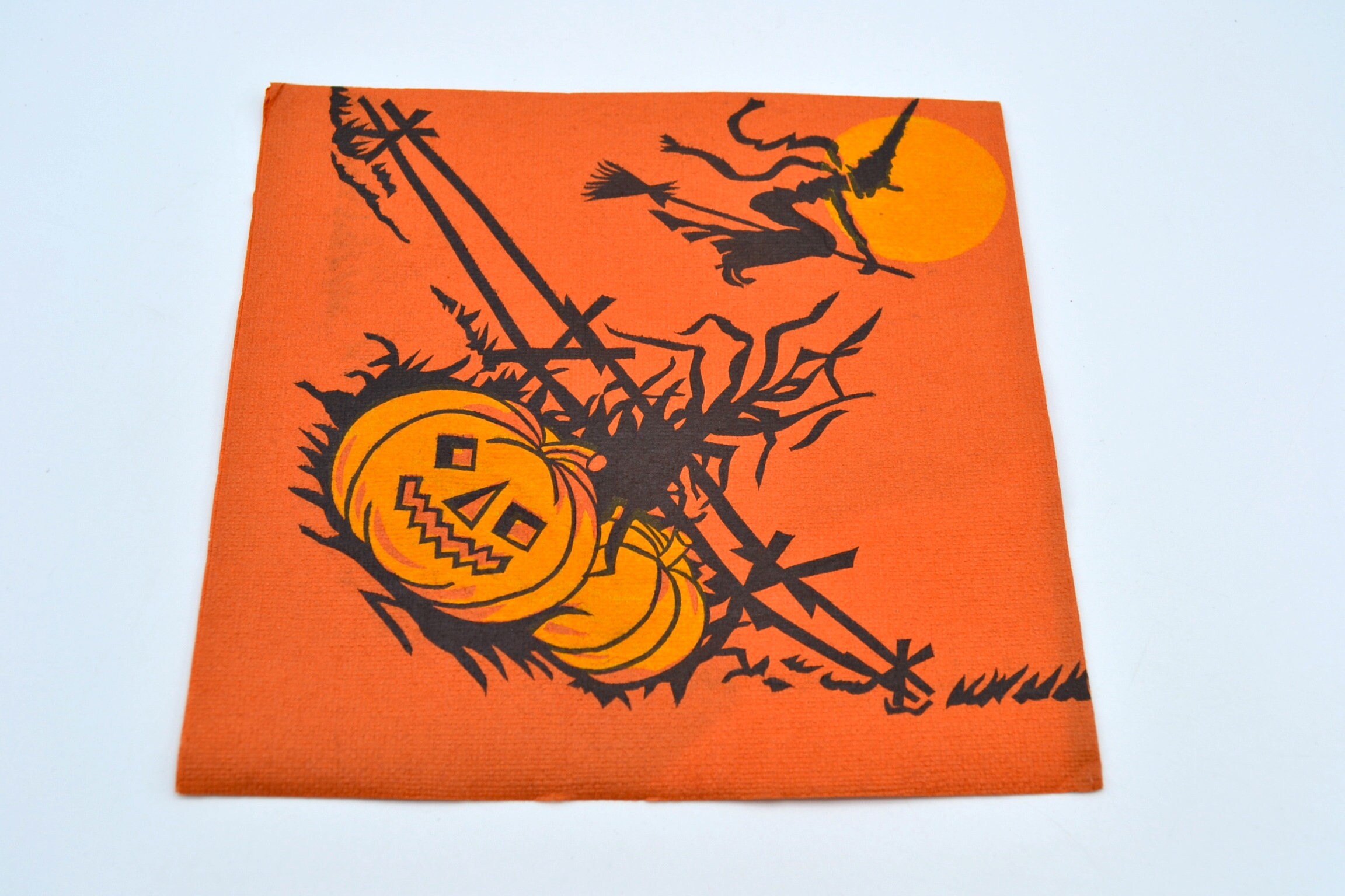 Vintage Halloween Paper Napkin Full Moon Witch Flying Over Etsy