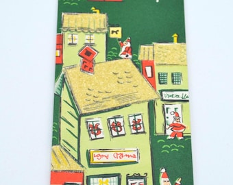 Vintage Christmas Card - Santa in Houses with Glitter Rooftops - Mid Century Used