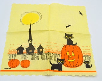 Vintage Halloween Paper Napkin - Mid Century Black Kitten Cats on JOL Yellow Town Scene - Smaller Sized