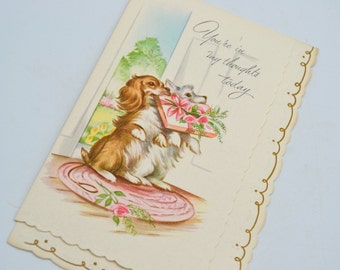 Vintage Greeting Card - Dogs Holding Present - Thinking of and Missing You - Unused