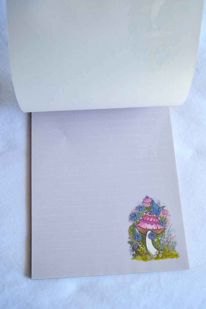 Vintage Writing Paper Stationery Mod Pink Mushroom Butterfly on Lavender 40 Sheets