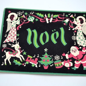 Vintage Christmas Card - Mid Century Black Flocked with Santa Angels Reindeer Noel - Used