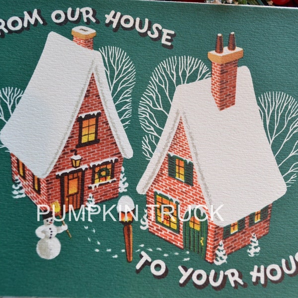 Vintage Christmas Card -  Our House to Your House Brick Snowman on Green - Used