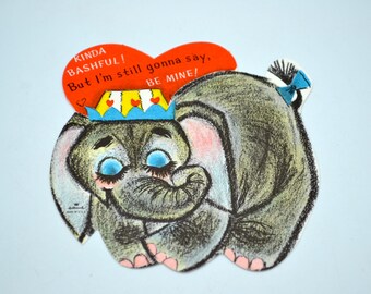 Vintage Valentines Day Card - Shy Bashful Elephant - Unused Hallmark