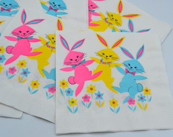 6 Vintage Paper Napkins - Mod Pastel Easter Bunny Rabbits and Flowers - Luncheon Sized