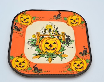 Vintage Halloween Paper Party Plate - Skeleton Witch Pumpkin JOL Owl Bats - Small 6" Cake Plate Size By Beach