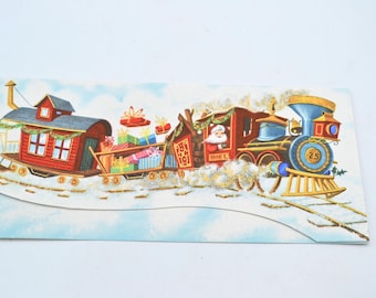 Vintage Christmas Card - Santa Driving Decorated Train Loaded with Presents - Unused