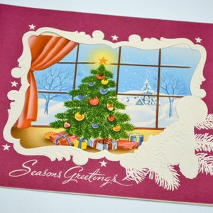 Vintage Christmas Card - Decorated Tree and Presents in front of House Window - Unused