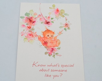 Vintage Mary Hamilton Valentine Card - Little Sprite on Flower Swing - Unused Hallmark