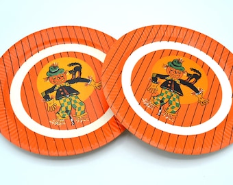 2 Vintage Halloween Paper Party Plates - Scarecrow and Black Cat - 7"