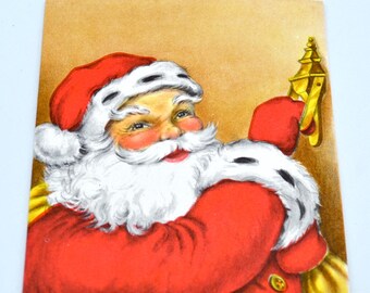 Vintage Christmas Card - Door Knocker Santa with Sleigh Flying Reindeer and Chimney Smoke inside - Unused Hallmark