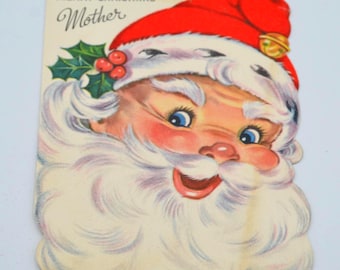 Vintage Christmas Card - Flocked Smiling Santa Face To Mother - Used Gibson