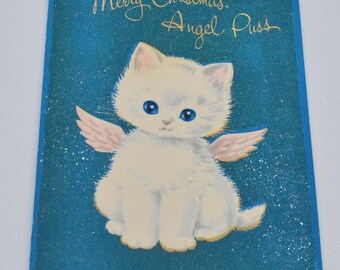 Vintage Christmas Card - White Snowball Kitten - Angel Puss - Used Norcross Glitter