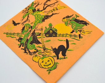 Vintage Paper Halloween Napkin - Group of Green Witches on Brooms - Beverage Sized