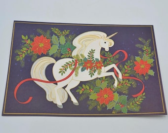 Vintage Christmas Card - Unicorn and Poinsettias - Unused Drawing Board