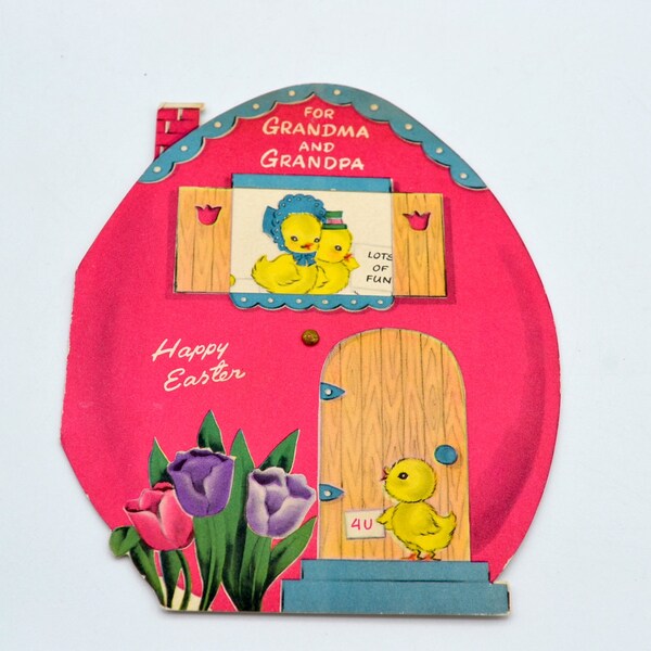 Vintage Easter Card - Pink Egg with Dial in Picture Window - Used to Grandma and Grandpa - Norcross
