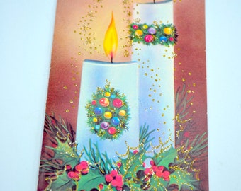 Vintage Christmas Card - Mid Century Glitter Candles and Atomic Stars - Unused