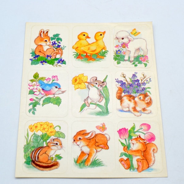 Vintage Eureka Stickers - Baby Easter Animals and Flowers - Sheet of 9