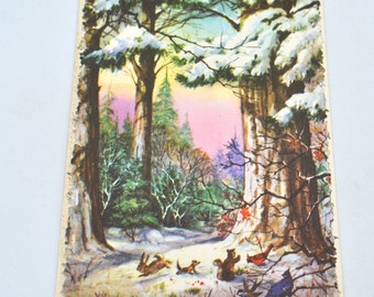 Vintage Christmas Card - Woodland Forest Animals Gathering Berries - Pink Sky - Unused