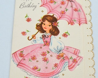 Vintage Birthday Card - Pink Parasol Girl - Unused Glitter