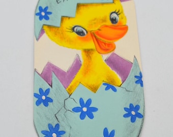 Vintage Easter Card - Easter Duckling in Hatched Mod Flower Egg - Used Stanley
