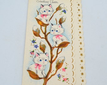 Vintage Greeting Card - White Kitten Pussy Willows - Unused Sending Cheer Thinking of You