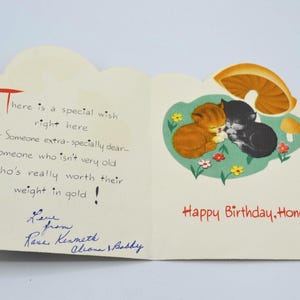Puede incluir: Tarjeta de cumplea&ntilde;os vintage con fondo crema. El lado izquierdo tiene texto escrito a mano en tinta negra y azul. El lado derecho presenta una ilustraci&oacute;n de dibujos animados de dos gatitos y las palabras "Happy Birthday, Honey!" en rojo.